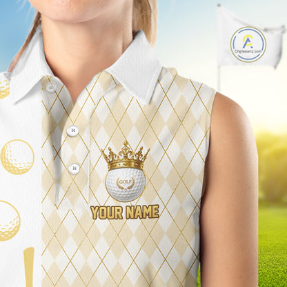 Crown Golf Ball Womens Golf Sleeveless Polo Shirts Custom White And Gold Argyle Pattern Golf Team Attire NYN4233