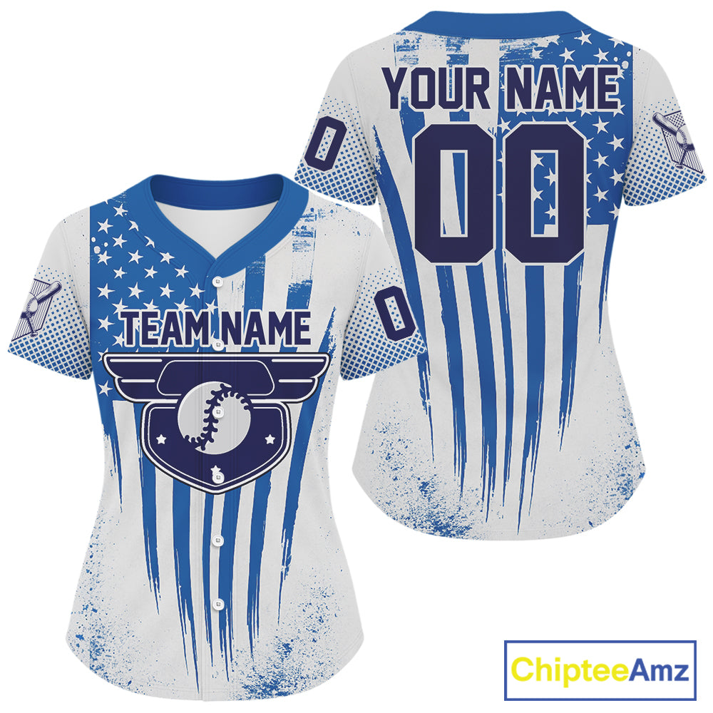 Custom Blue And White Patriotic Baseball Ball Shirt For Women US Flag Baseball Team Jerseys NYN1512