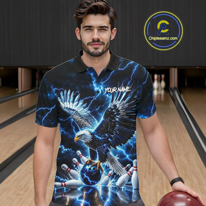 Blue Fierce Eagle Bowling Shirt For Men Personalized Thunder Lightning Bowler Polo 1/4-Zip Jersey NYN4634