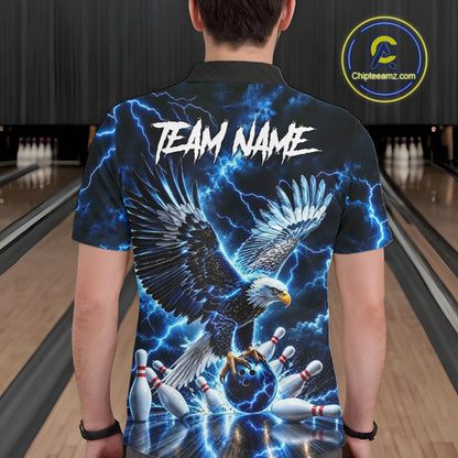 Blue Fierce Eagle Bowling Shirt For Men Personalized Thunder Lightning Bowler Polo 1/4-Zip Jersey NYN4634