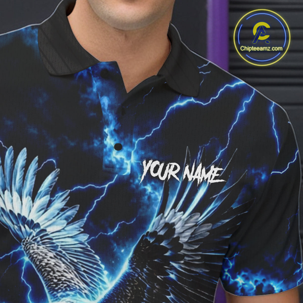 Blue Fierce Eagle Bowling Shirt For Men Personalized Thunder Lightning Bowler Polo 1/4-Zip Jersey NYN4634