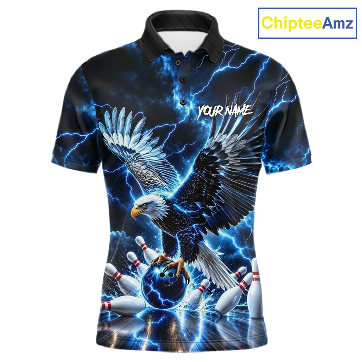 Blue Fierce Eagle Bowling Shirt For Men Personalized Thunder Lightning Bowler Polo 1/4-Zip Jersey NYN4634