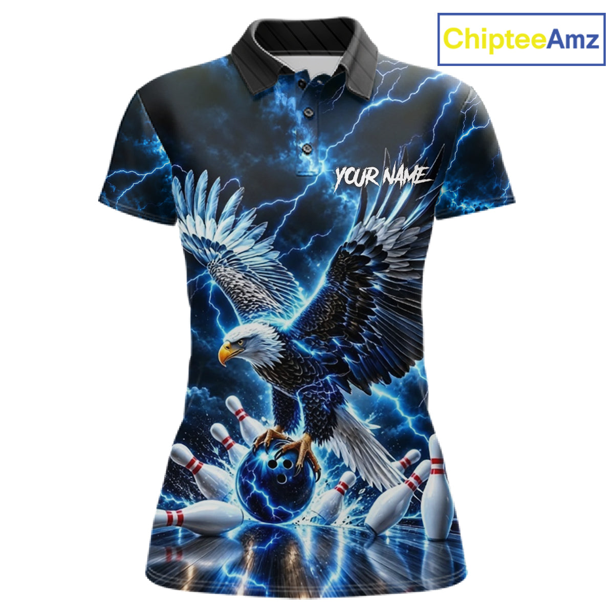 Blue Fierce Eagle Bowling Shirt For Women Personalized Thunder Lightning Bowler Polo 1/4-Zip Jersey NYN4634