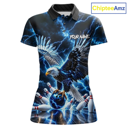 Blue Fierce Eagle Bowling Shirt For Women Personalized Thunder Lightning Bowler Polo 1/4-Zip Jersey NYN4634