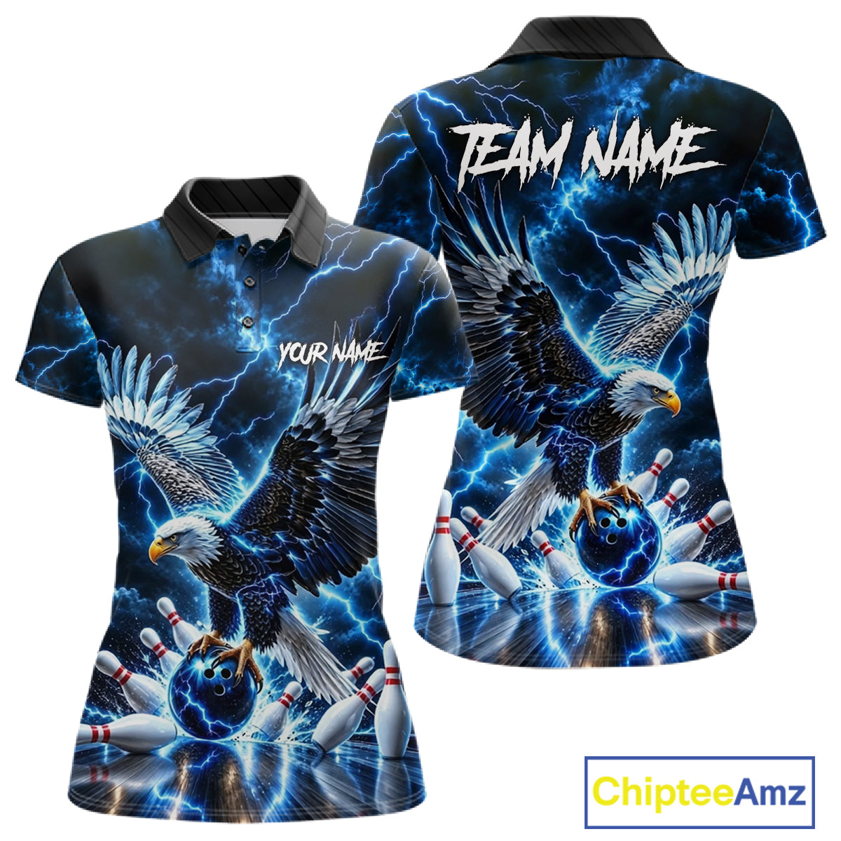 Blue Fierce Eagle Bowling Shirt For Women Personalized Thunder Lightning Bowler Polo 1/4-Zip Jersey NYN4634