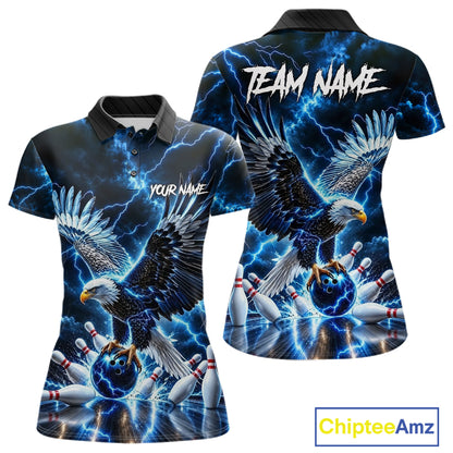 Blue Fierce Eagle Bowling Shirt For Women Personalized Thunder Lightning Bowler Polo 1/4-Zip Jersey NYN4634