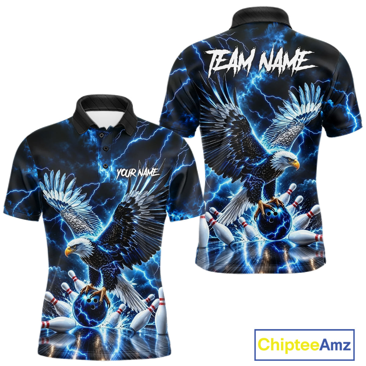 Blue Fierce Eagle Bowling Shirt For Men Personalized Thunder Lightning Bowler Polo 1/4-Zip Jersey NYN4634