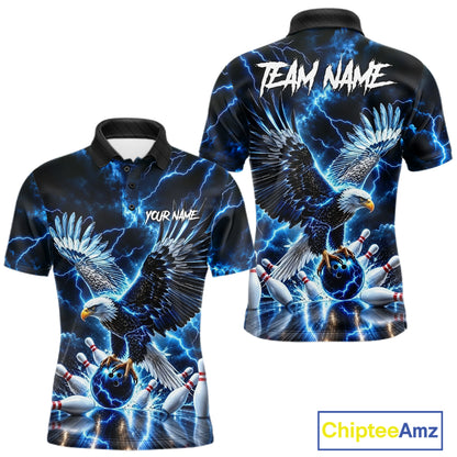 Blue Fierce Eagle Bowling Shirt For Men Personalized Thunder Lightning Bowler Polo 1/4-Zip Jersey NYN4634