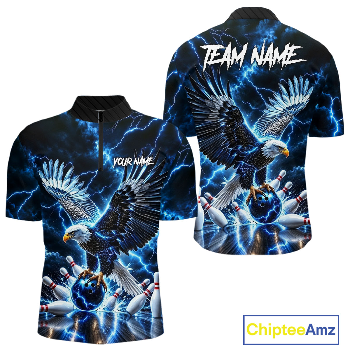 Blue Fierce Eagle Bowling Shirt For Men Personalized Thunder Lightning Bowler Polo 1/4-Zip Jersey NYN4634