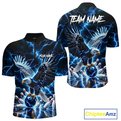 Blue Fierce Eagle Bowling Shirt For Men Personalized Thunder Lightning Bowler Polo 1/4-Zip Jersey NYN4634