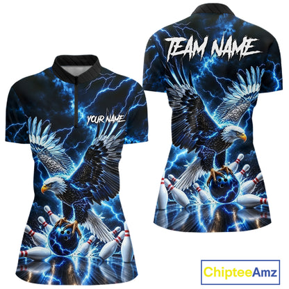 Blue Fierce Eagle Bowling Shirt For Women Personalized Thunder Lightning Bowler Polo 1/4-Zip Jersey NYN4634