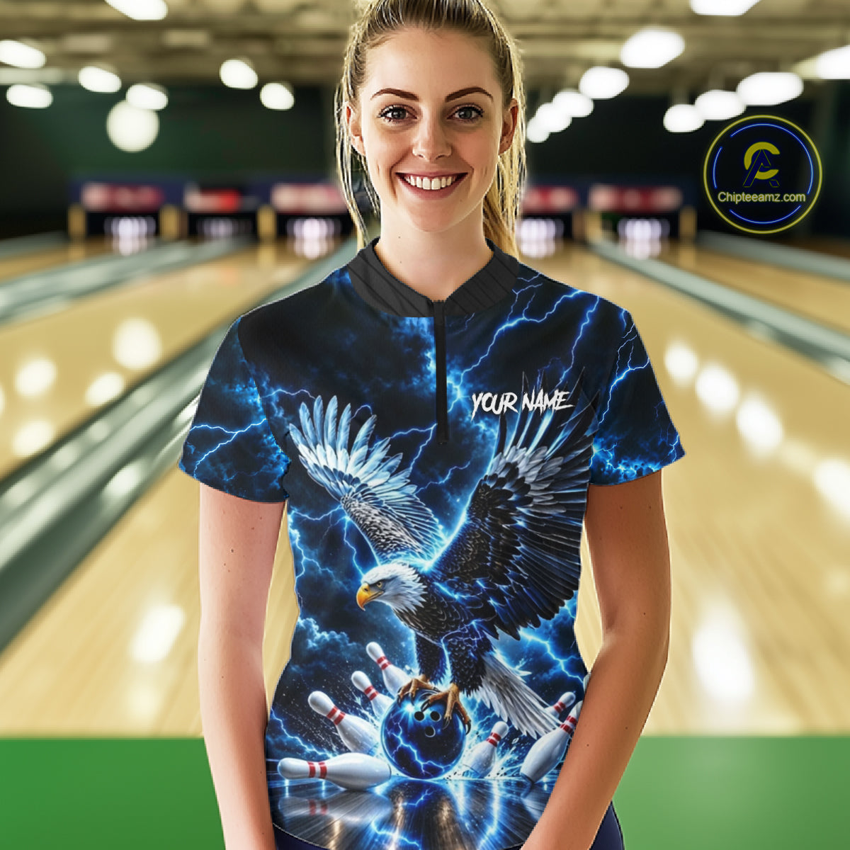 Blue Fierce Eagle Bowling Shirt For Women Personalized Thunder Lightning Bowler Polo 1/4-Zip Jersey NYN4634