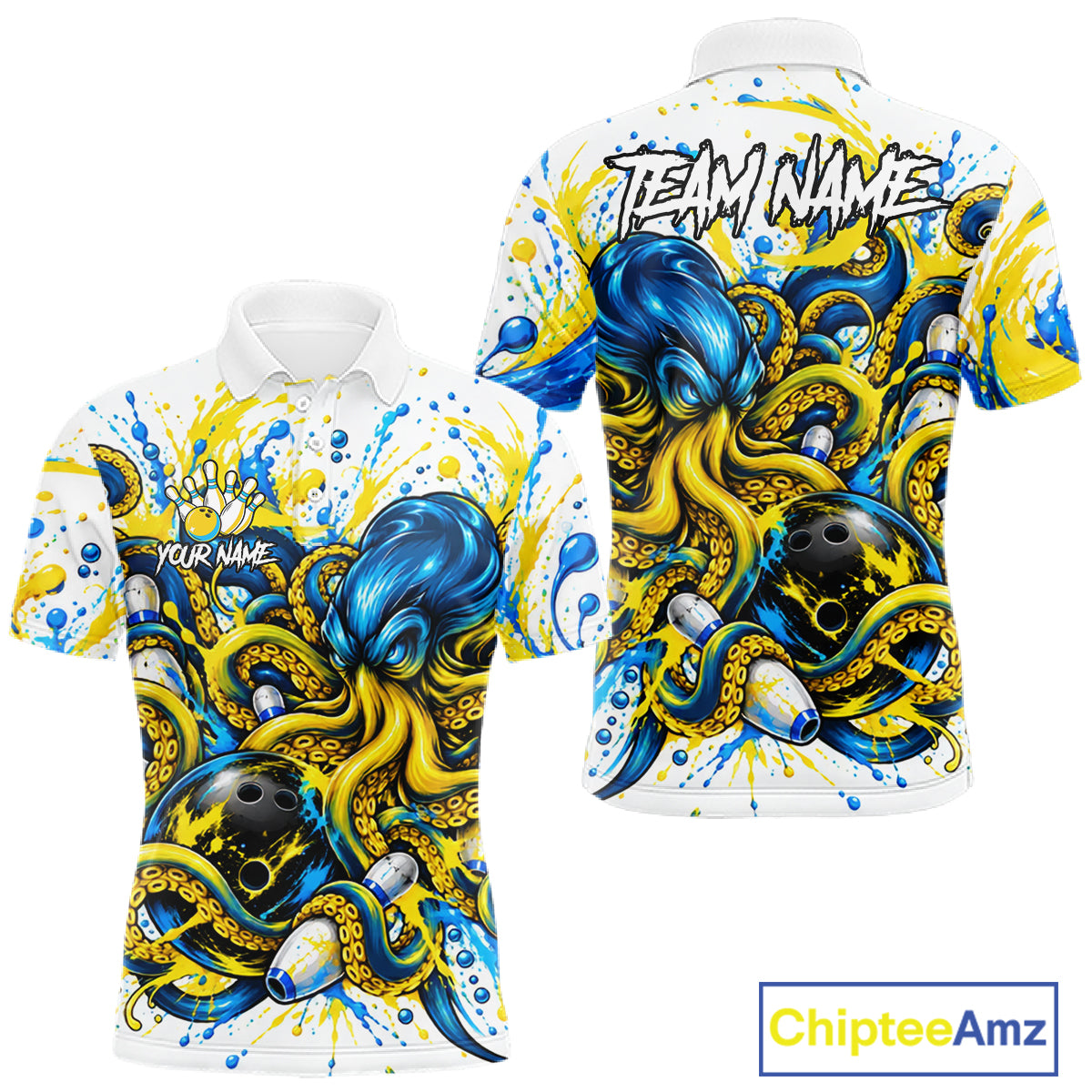 Blue Yellow Octopus Men Bowling Shirt Custom Name Paint Splatter Polo 1/4-Zip Bowling League Tournament NYN4635