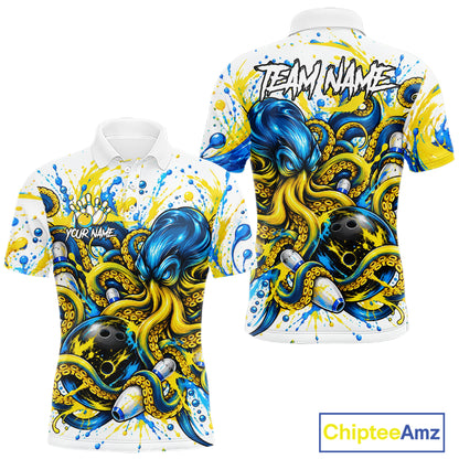 Blue Yellow Octopus Men Bowling Shirt Custom Name Paint Splatter Polo 1/4-Zip Bowling League Tournament NYN4635
