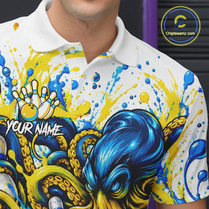 Blue Yellow Octopus Men Bowling Shirt Custom Name Paint Splatter Polo 1/4-Zip Bowling League Tournament NYN4635