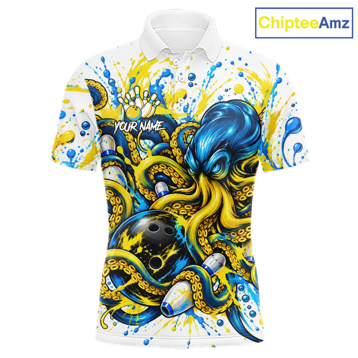 Blue Yellow Octopus Men Bowling Shirt Custom Name Paint Splatter Polo 1/4-Zip Bowling League Tournament NYN4635
