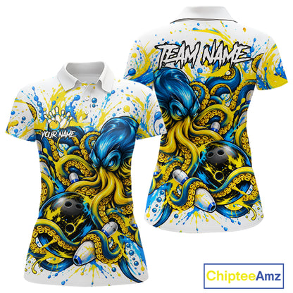 Blue Yellow Octopus Women Bowling Shirt Custom Name Paint Splatter Polo 1/4-Zip Bowling League Tournament NYN4635