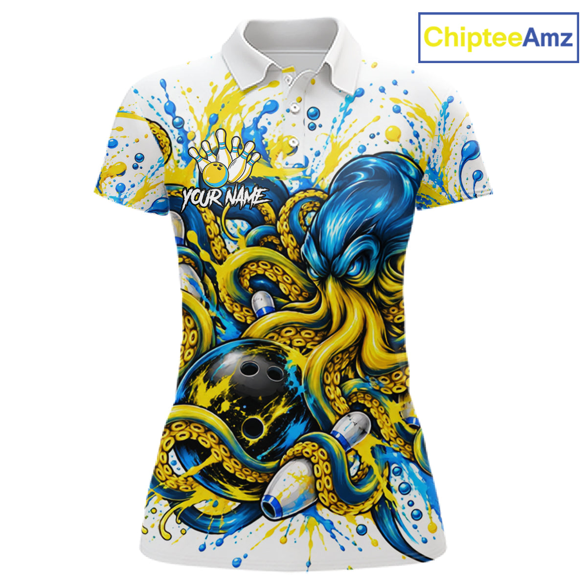 Blue Yellow Octopus Women Bowling Shirt Custom Name Paint Splatter Polo 1/4-Zip Bowling League Tournament NYN4635