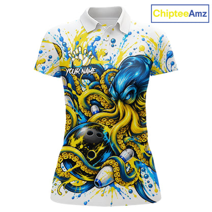 Blue Yellow Octopus Women Bowling Shirt Custom Name Paint Splatter Polo 1/4-Zip Bowling League Tournament NYN4635