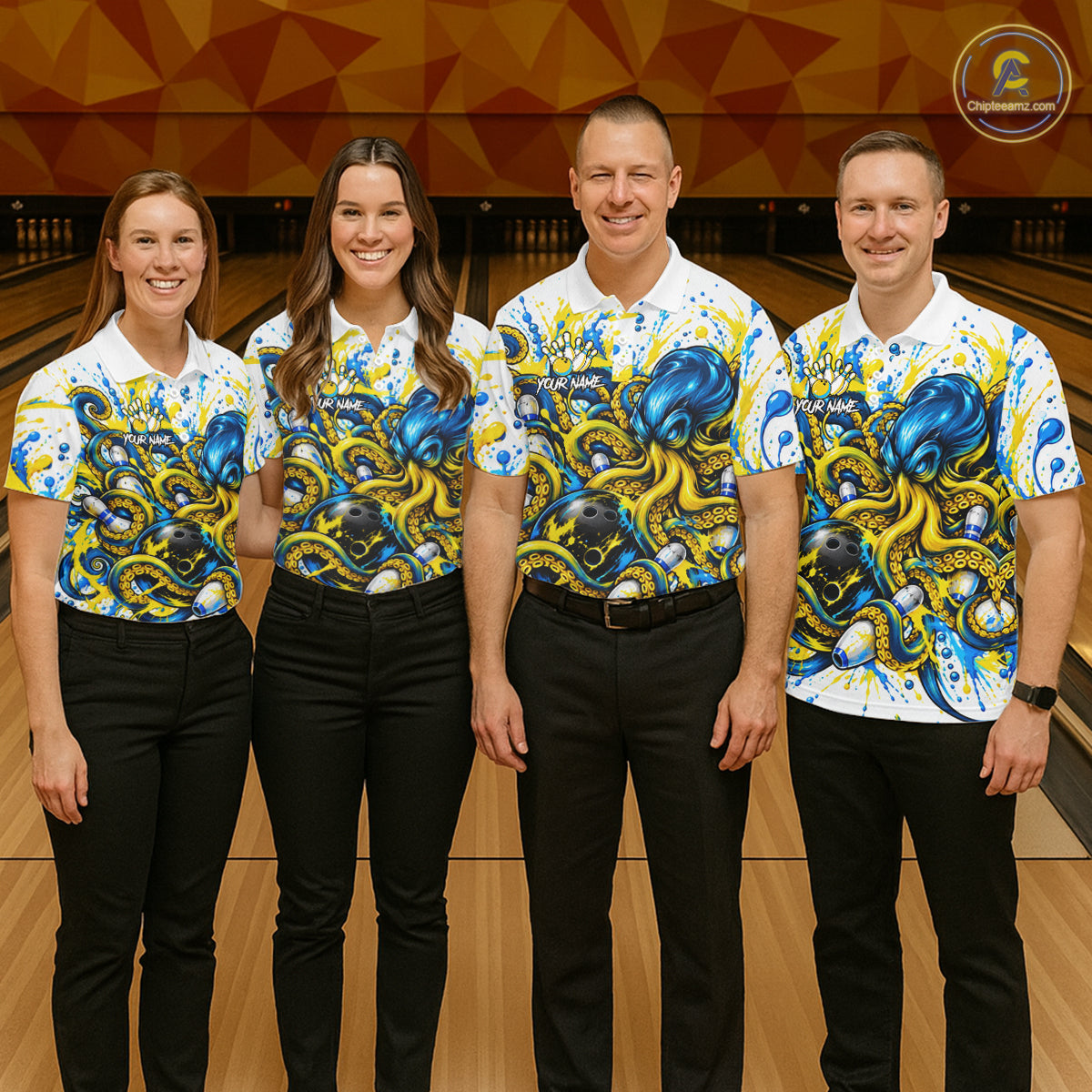 Blue Yellow Octopus Women Bowling Shirt Custom Name Paint Splatter Polo 1/4-Zip Bowling League Tournament NYN4635