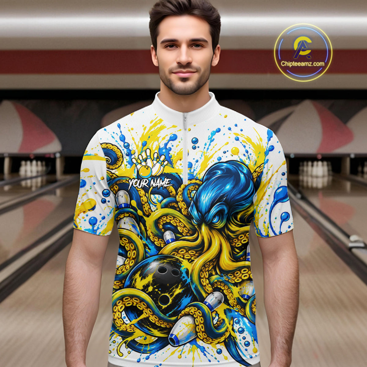 Blue Yellow Octopus Men Bowling Shirt Custom Name Paint Splatter Polo 1/4-Zip Bowling League Tournament NYN4635