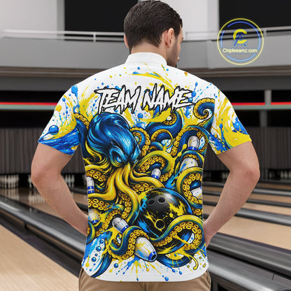 Blue Yellow Octopus Men Bowling Shirt Custom Name Paint Splatter Polo 1/4-Zip Bowling League Tournament NYN4635