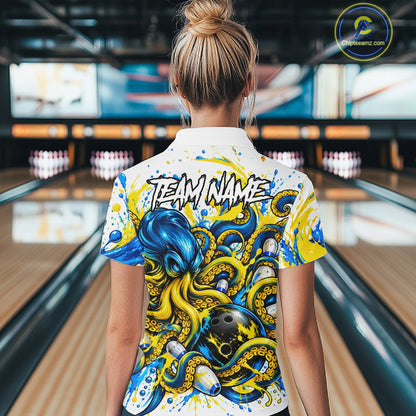 Blue Yellow Octopus Women Bowling Shirt Custom Name Paint Splatter Polo 1/4-Zip Bowling League Tournament NYN4635