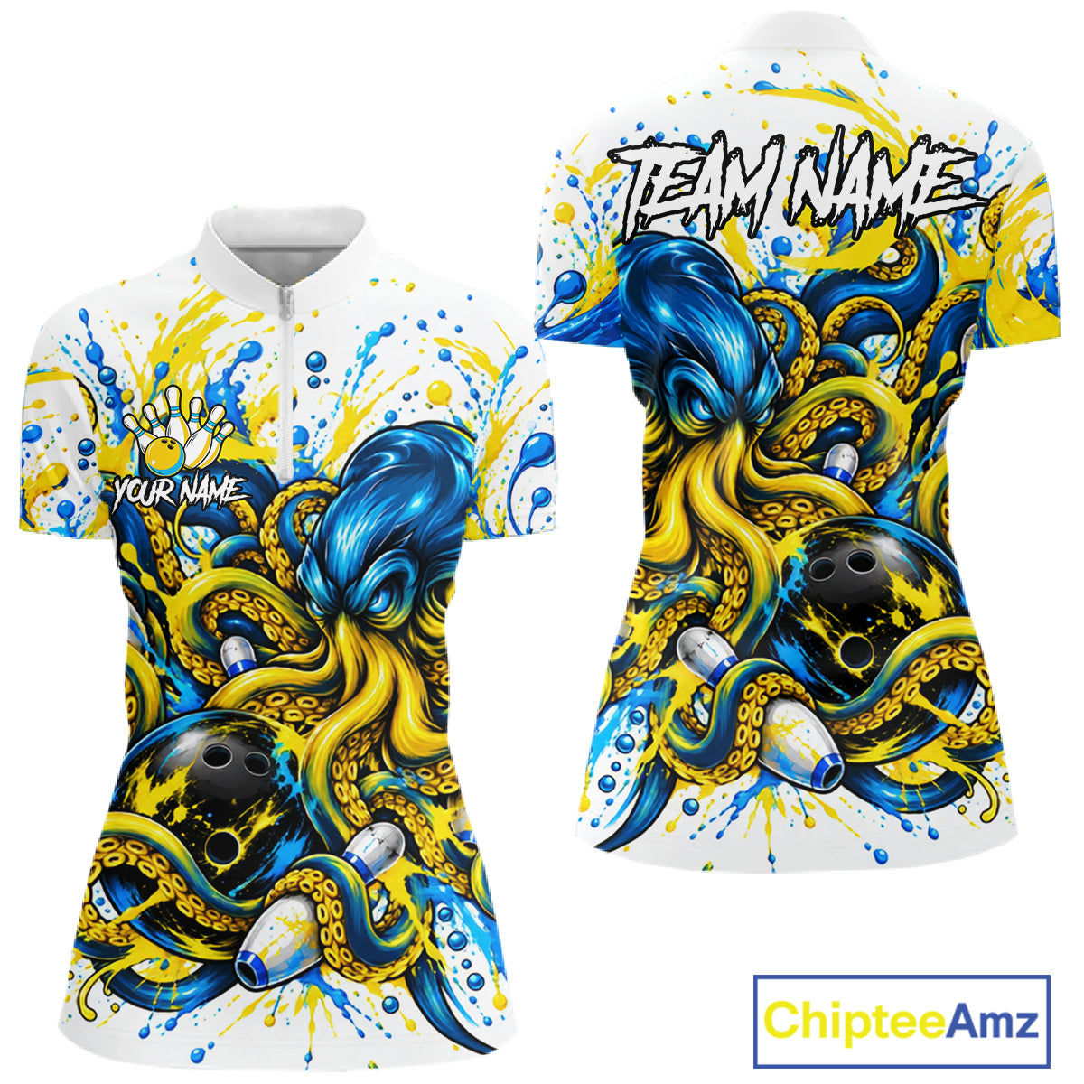 Blue Yellow Octopus Women Bowling Shirt Custom Name Paint Splatter Polo 1/4-Zip Bowling League Tournament NYN4635
