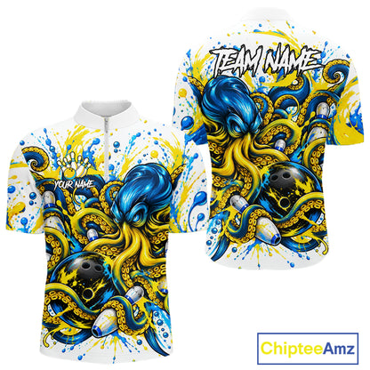 Blue Yellow Octopus Men Bowling Shirt Custom Name Paint Splatter Polo 1/4-Zip Bowling League Tournament NYN4635