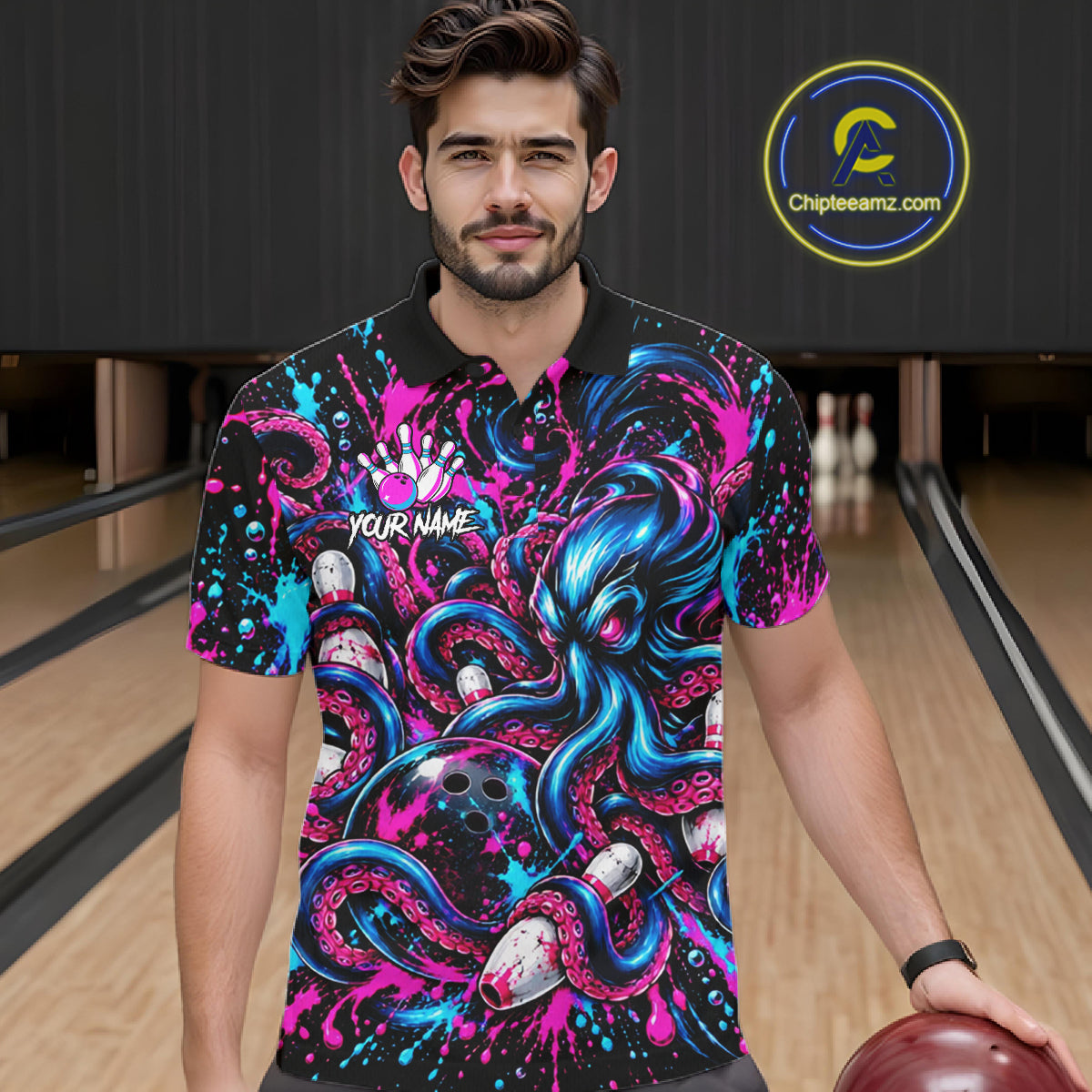 Pink Blue Octopus Men Bowling Shirt Custom Name Paint Splatter Polo 1/4-Zip Bowling League Tournament NYN4636