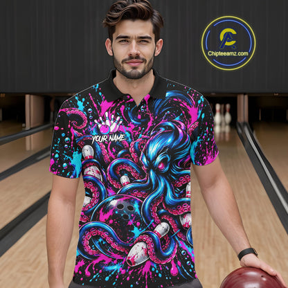 Pink Blue Octopus Men Bowling Shirt Custom Name Paint Splatter Polo 1/4-Zip Bowling League Tournament NYN4636