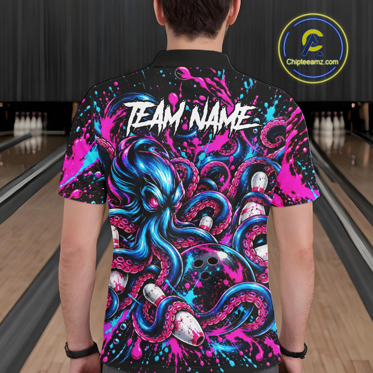 Pink Blue Octopus Men Bowling Shirt Custom Name Paint Splatter Polo 1/4-Zip Bowling League Tournament NYN4636