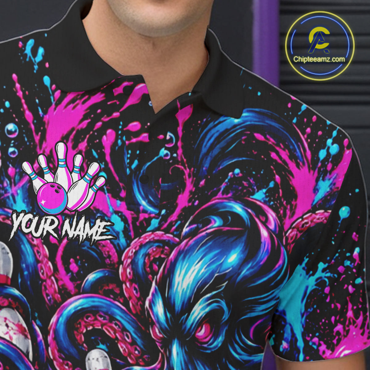 Pink Blue Octopus Men Bowling Shirt Custom Name Paint Splatter Polo 1/4-Zip Bowling League Tournament NYN4636