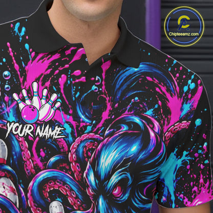 Pink Blue Octopus Men Bowling Shirt Custom Name Paint Splatter Polo 1/4-Zip Bowling League Tournament NYN4636