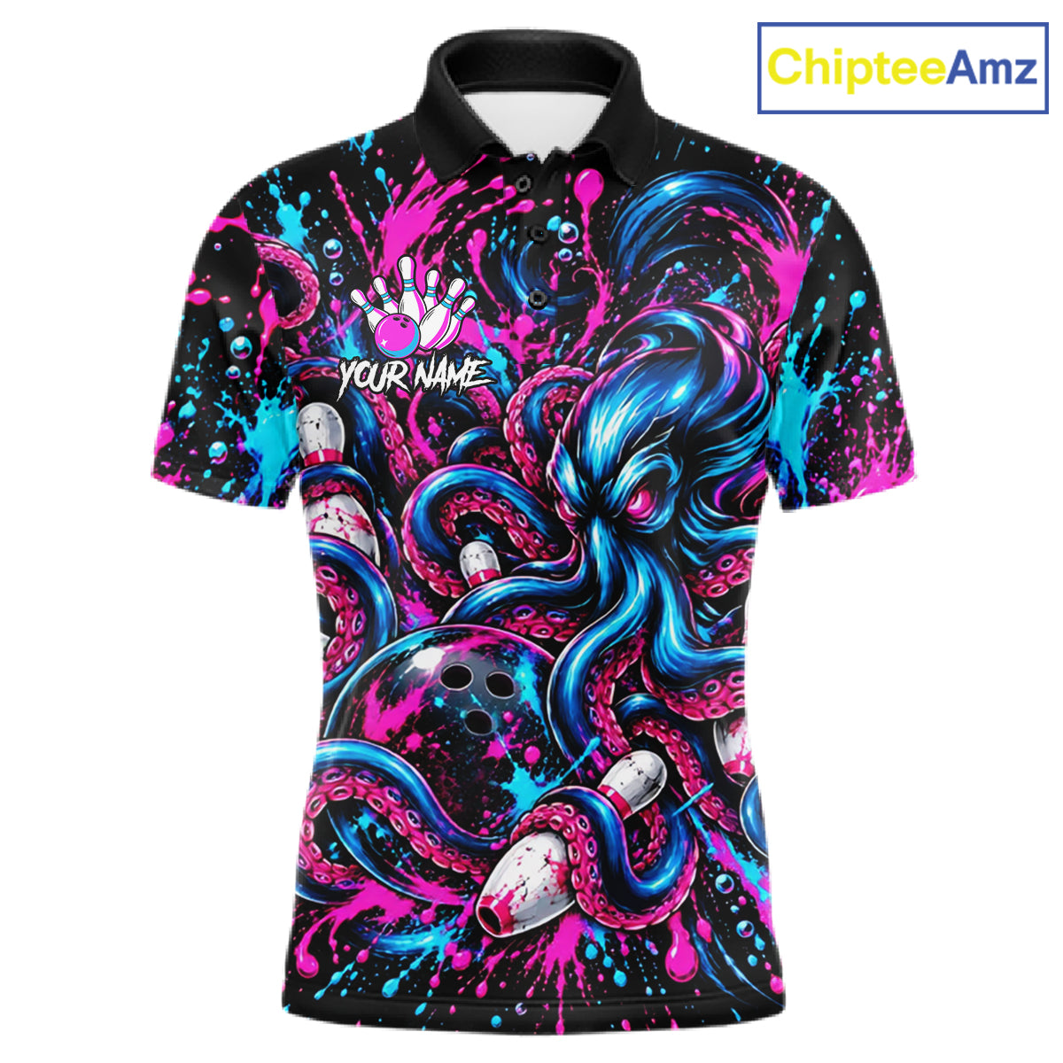 Pink Blue Octopus Men Bowling Shirt Custom Name Paint Splatter Polo 1/4-Zip Bowling League Tournament NYN4636