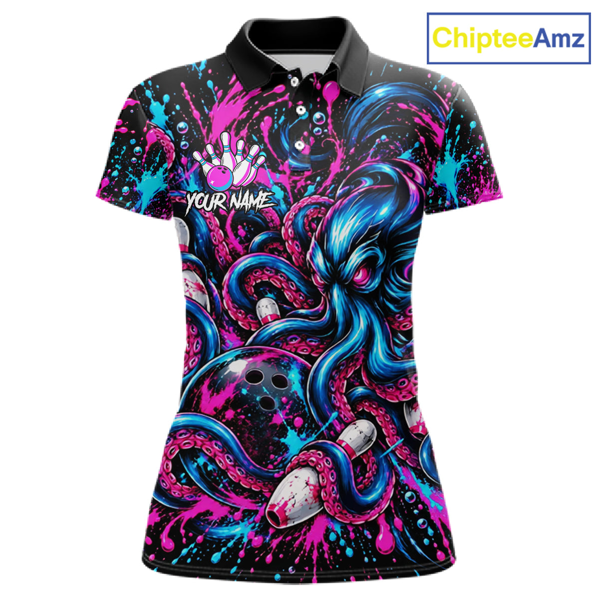 Pink Blue Octopus Women Bowling Shirt Custom Name Paint Splatter Polo 1/4-Zip Bowling League Tournament NYN4636