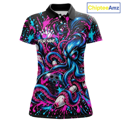 Pink Blue Octopus Women Bowling Shirt Custom Name Paint Splatter Polo 1/4-Zip Bowling League Tournament NYN4636