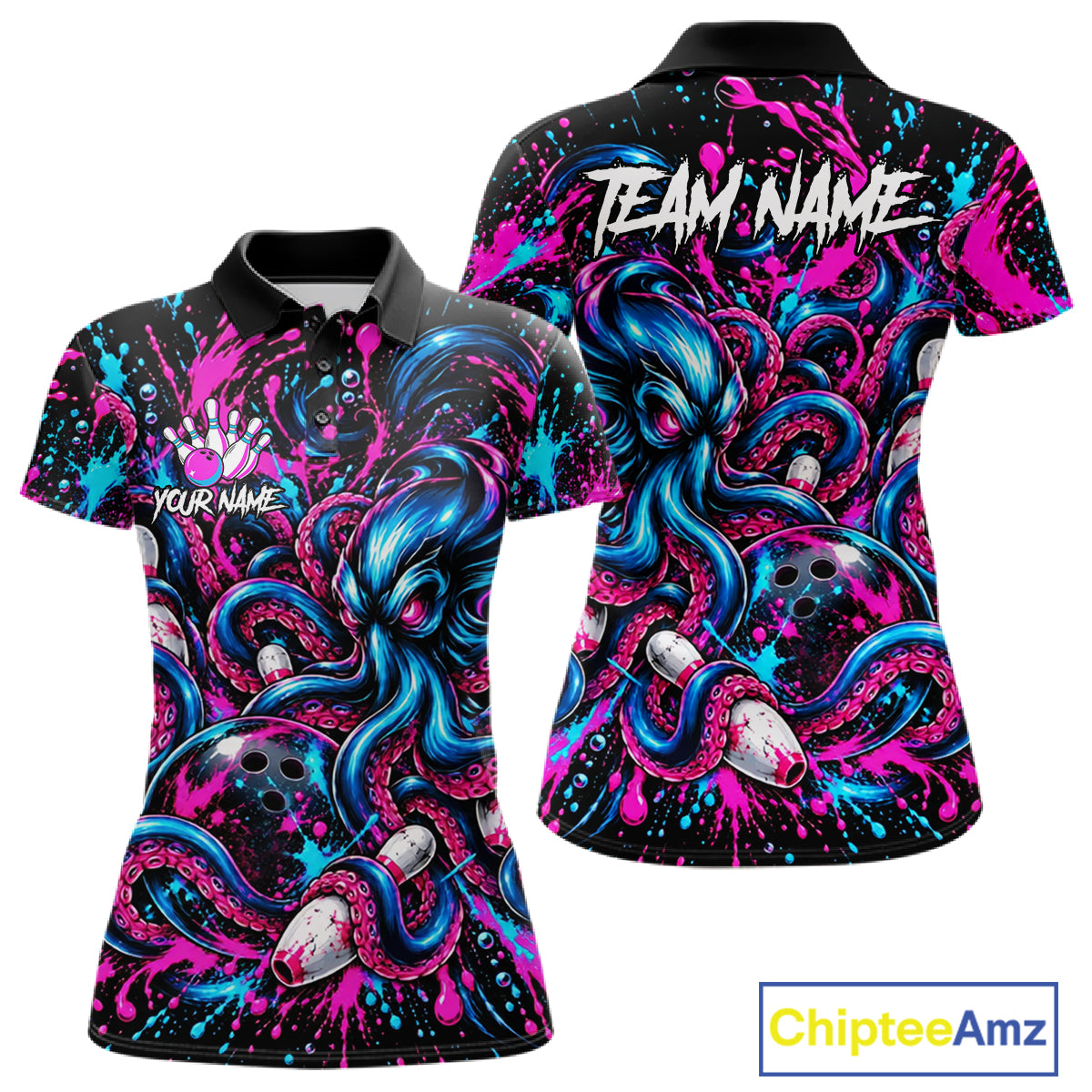 Pink Blue Octopus Women Bowling Shirt Custom Name Paint Splatter Polo 1/4-Zip Bowling League Tournament NYN4636