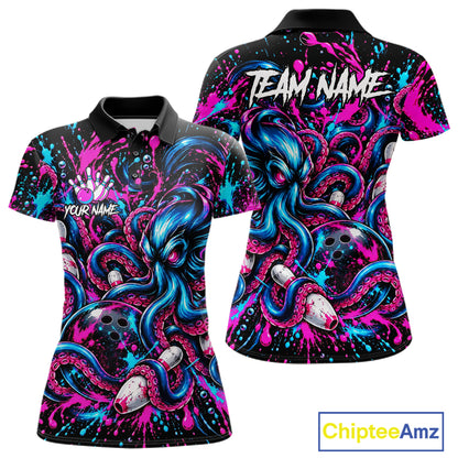 Pink Blue Octopus Women Bowling Shirt Custom Name Paint Splatter Polo 1/4-Zip Bowling League Tournament NYN4636