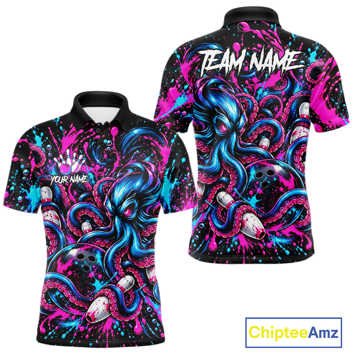 Pink Blue Octopus Men Bowling Shirt Custom Name Paint Splatter Polo 1/4-Zip Bowling League Tournament NYN4636