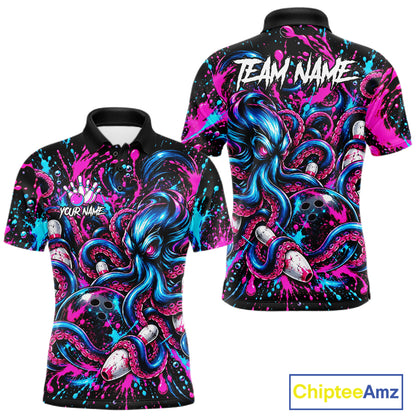 Pink Blue Octopus Men Bowling Shirt Custom Name Paint Splatter Polo 1/4-Zip Bowling League Tournament NYN4636