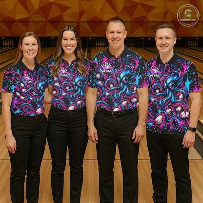 Pink Blue Octopus Men Bowling Shirt Custom Name Paint Splatter Polo 1/4-Zip Bowling League Tournament NYN4636