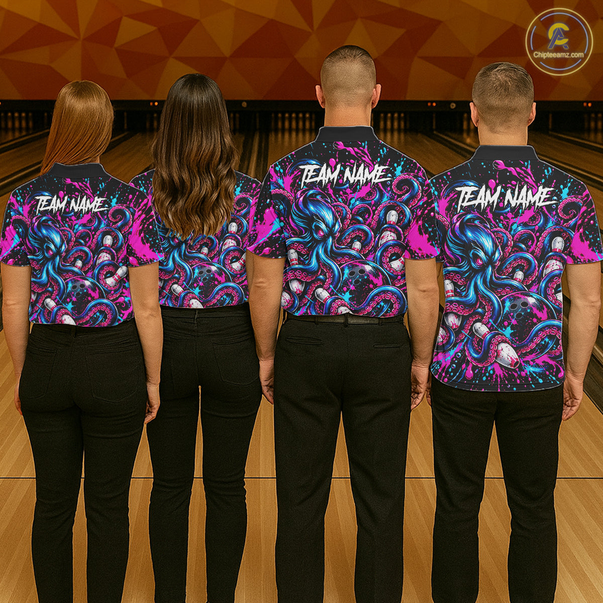 Pink Blue Octopus Men Bowling Shirt Custom Name Paint Splatter Polo 1/4-Zip Bowling League Tournament NYN4636