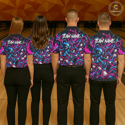Pink Blue Octopus Men Bowling Shirt Custom Name Paint Splatter Polo 1/4-Zip Bowling League Tournament NYN4636