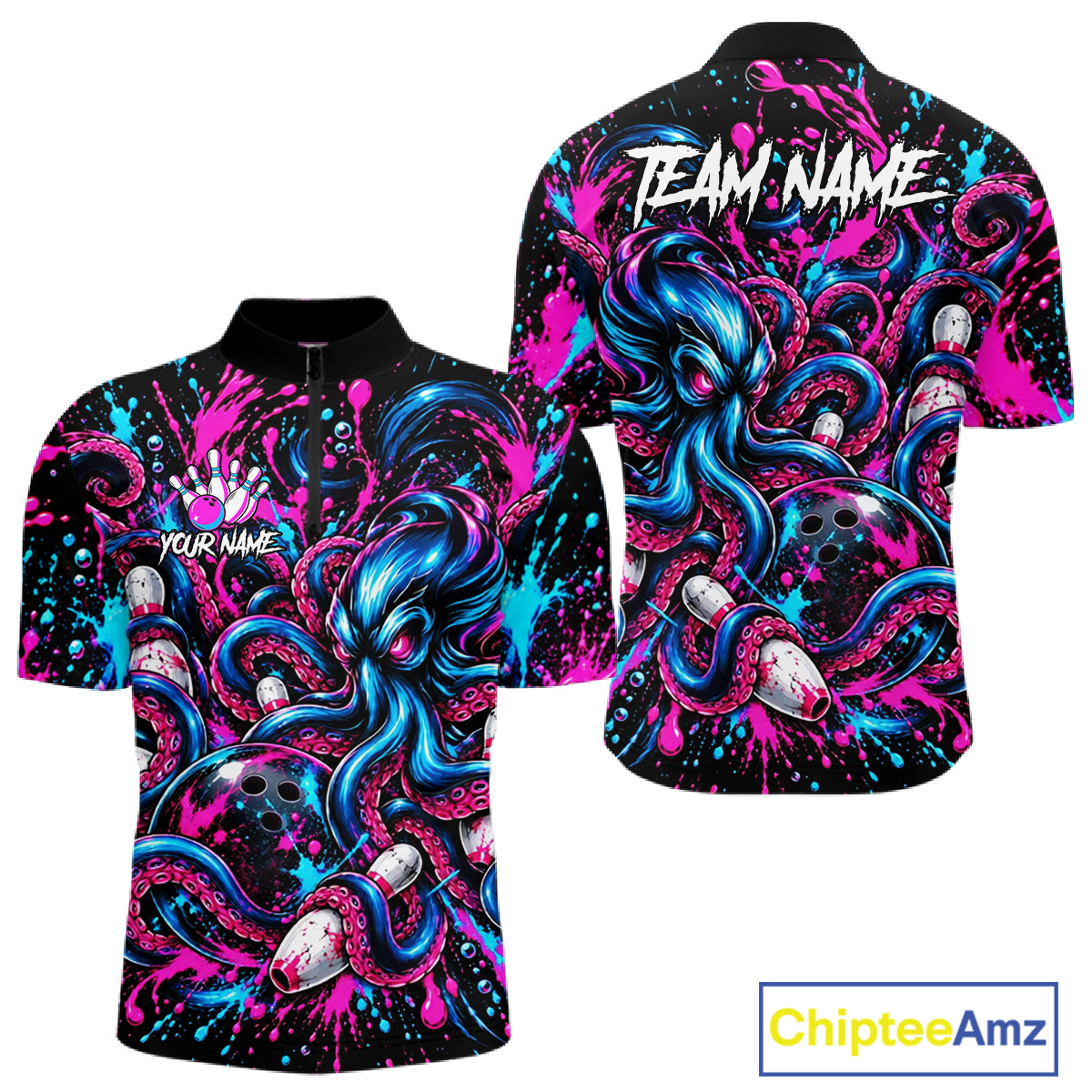 Pink Blue Octopus Men Bowling Shirt Custom Name Paint Splatter Polo 1/4-Zip Bowling League Tournament NYN4636