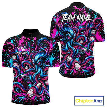 Pink Blue Octopus Men Bowling Shirt Custom Name Paint Splatter Polo 1/4-Zip Bowling League Tournament NYN4636