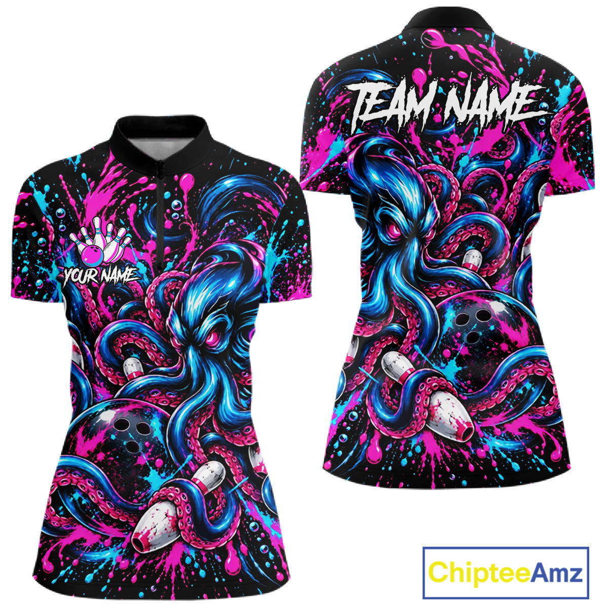 Pink Blue Octopus Women Bowling Shirt Custom Name Paint Splatter Polo 1/4-Zip Bowling League Tournament NYN4636