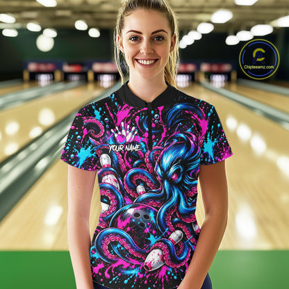 Pink Blue Octopus Women Bowling Shirt Custom Name Paint Splatter Polo 1/4-Zip Bowling League Tournament NYN4636