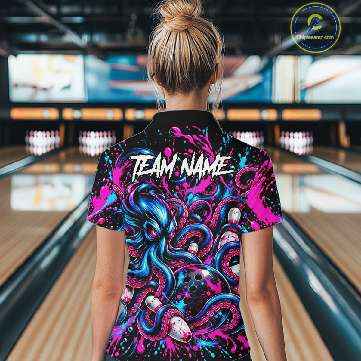 Pink Blue Octopus Women Bowling Shirt Custom Name Paint Splatter Polo 1/4-Zip Bowling League Tournament NYN4636