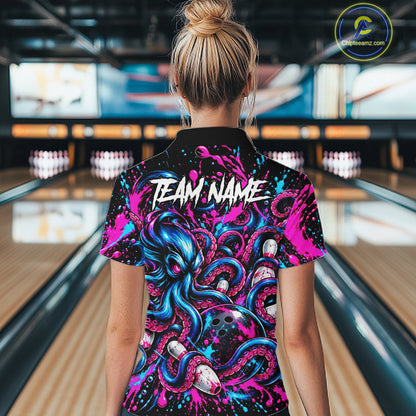 Pink Blue Octopus Women Bowling Shirt Custom Name Paint Splatter Polo 1/4-Zip Bowling League Tournament NYN4636